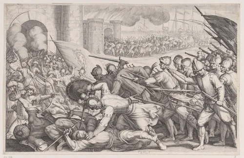 Les Troupes Forcent la Porte d'une Ville (The Troops Force Their Way Through the Gate of a City), from "La Vie de Ferdinand Ier de Médicis série appelée aussi Les Batailles des Médicis" (The Life of Ferdinand I de'Medici also called The Medici Battles) by Jacques Callot, print, 1614-1620