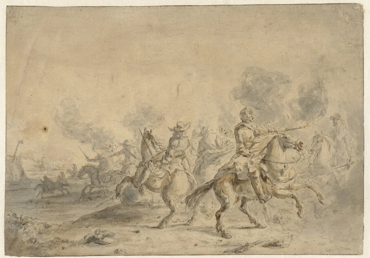 Ruitergevecht by anonymous, drawing, 1600-1699