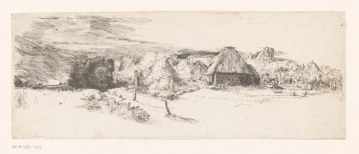 Landscape with a farm building and the 'house with the tower' by John Smith, print, 1727-1764