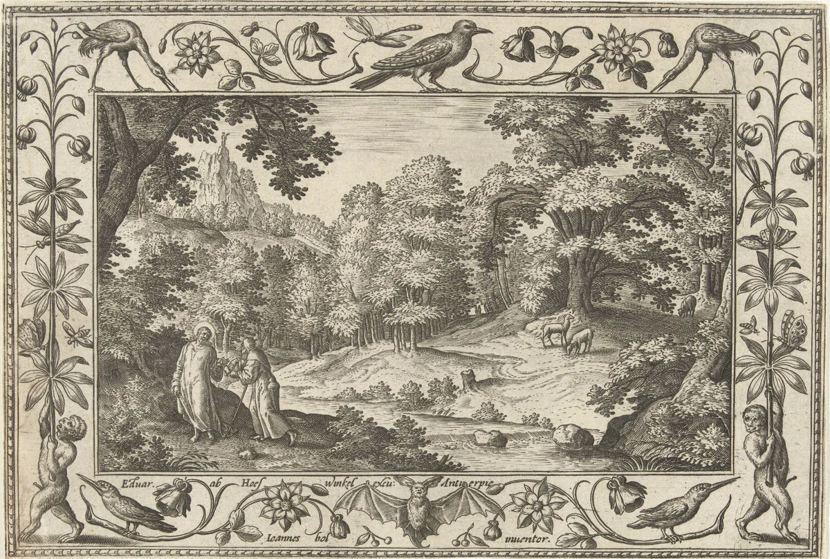 Verzoeking in de woestijn by Unknown, print, 1582-1586