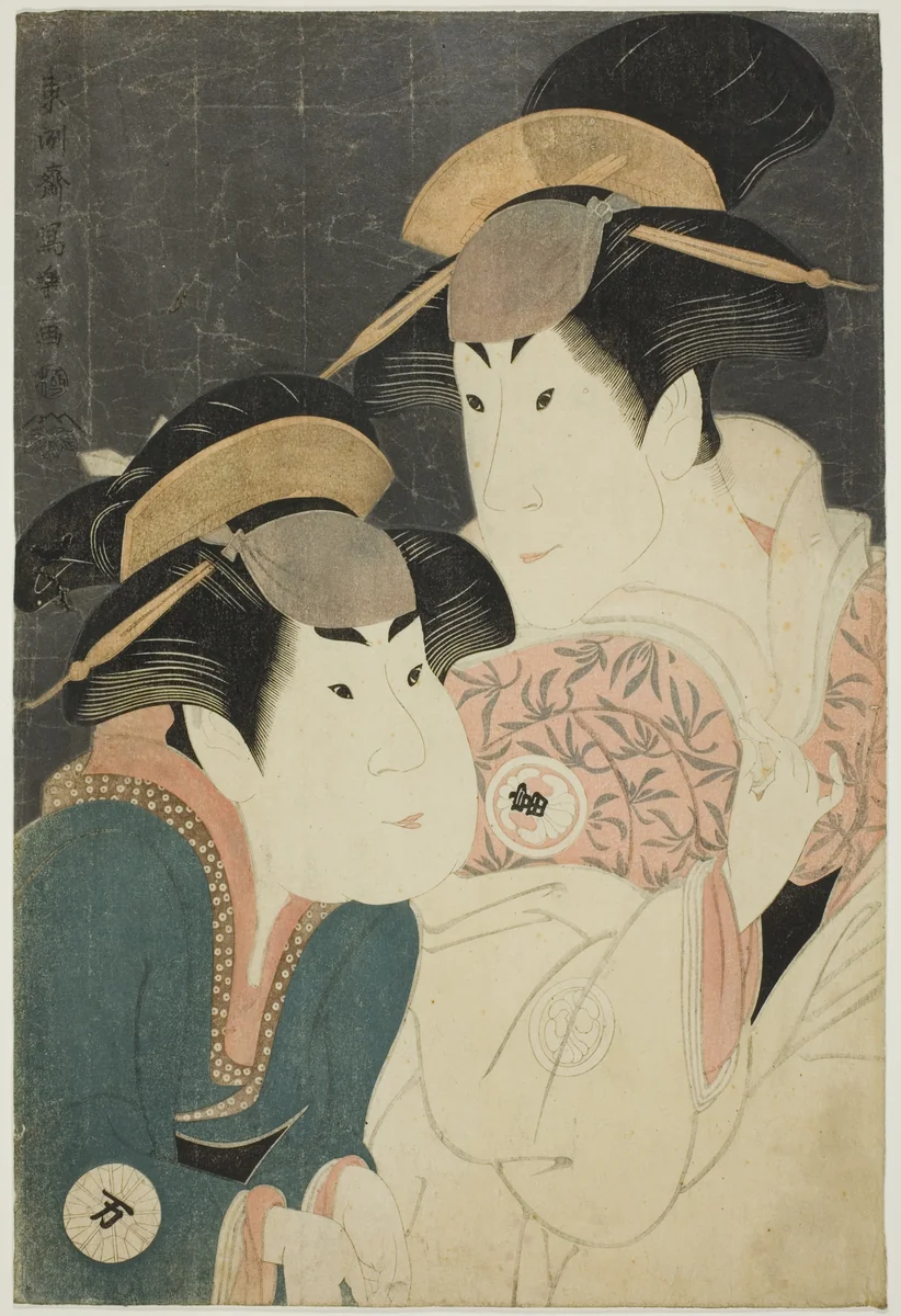 The actors Segawa Tomisaburo II (R) as Yadorigi, wife of Ogishi Kurando, and Nakamura Manyo (L) as the servant Wakakusa by Toshusai Sharaku (東洲斎 写楽), print, 1794