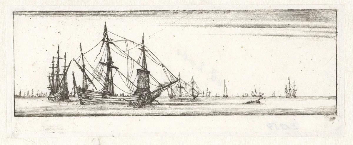 Schepen op kalme zee by Wenceslaus Hollar, print, 1627-1636