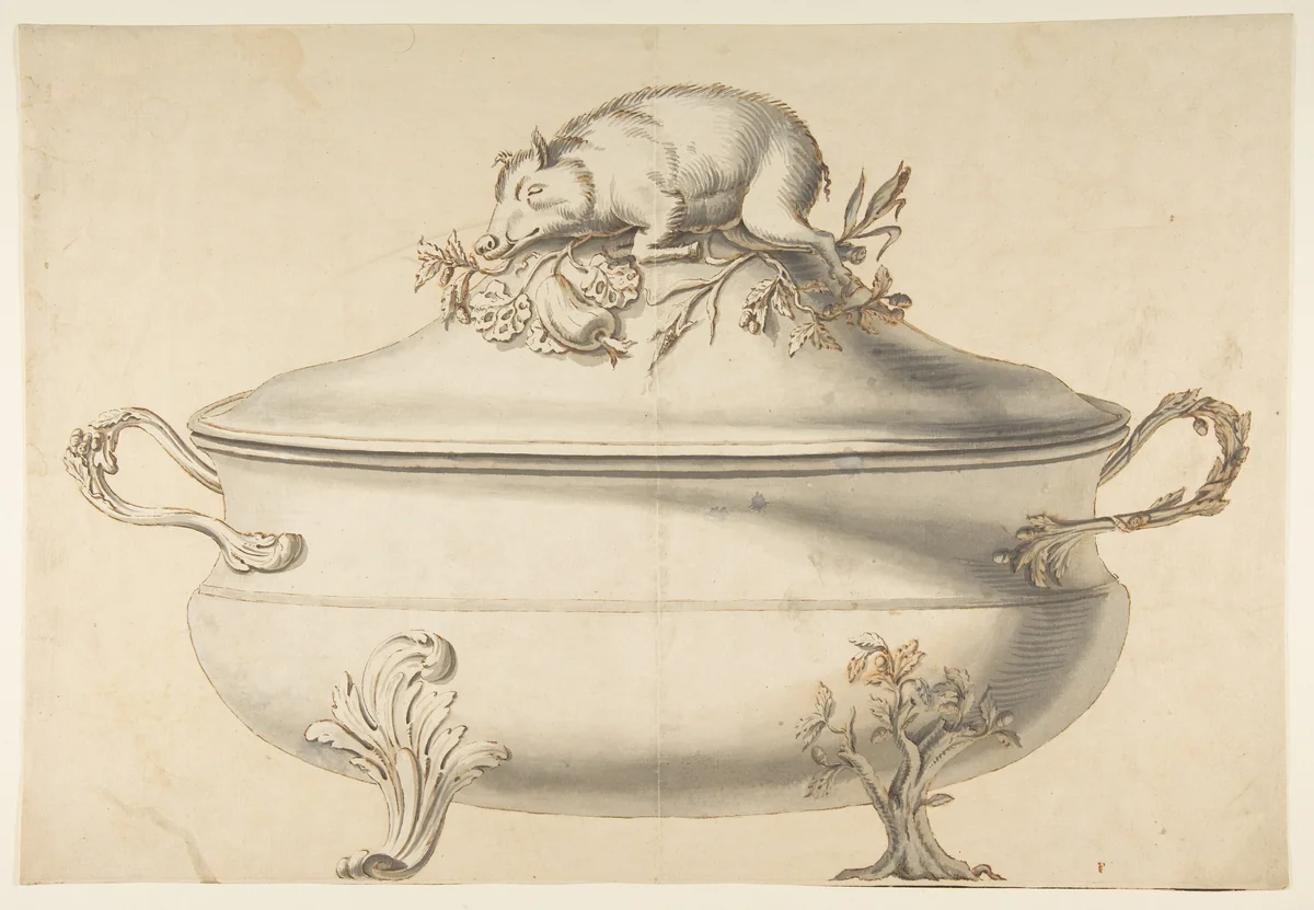 Design for a Soup Tureen with Pig on Top by anonymous, drawing, 1800-1899