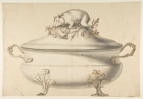 Design for a Soup Tureen with Pig on Top by anonymous, drawing, 1800-1899