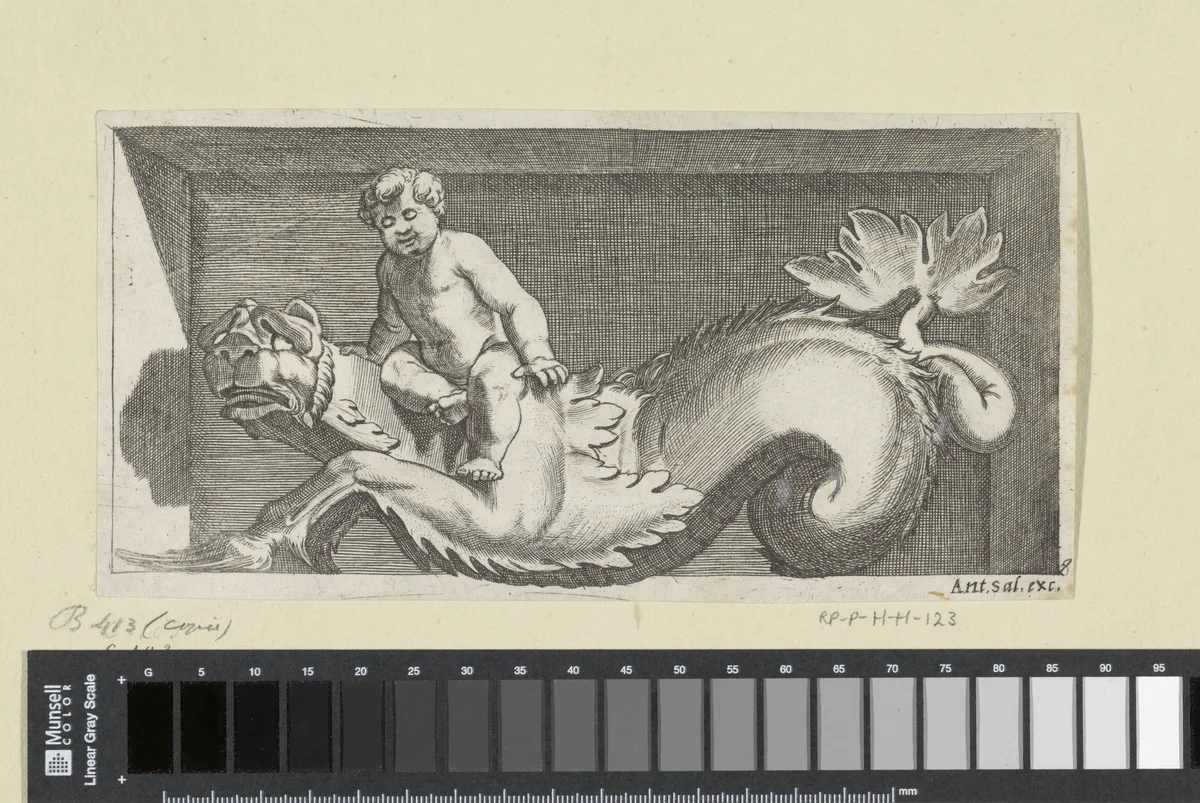 Putto op de rug van een zeemonster by Unknown, print, 1517-1562