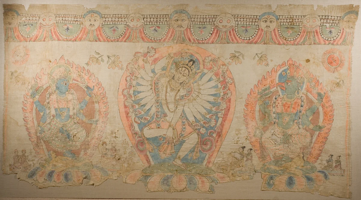 Tantric Temple Banner of a Dancing Goddess Flanked by Dakinis by Nepal, painting, 1601-1700