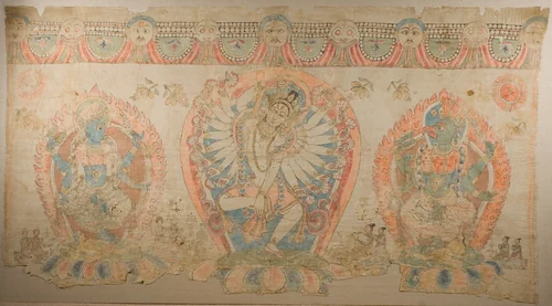 Tantric Temple Banner of a Dancing Goddess Flanked by Dakinis by Nepal, painting, 1601-1700