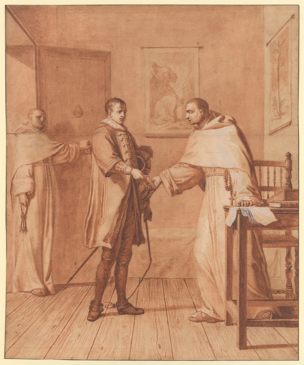 Scene 25: Fatally wounded, King Henry III informs the Blessed Abbot of his condition and recommends himself to his prayers by Matthieu Elias, drawing, 1706-1707