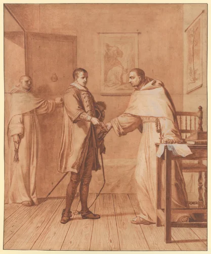 Scene 25: Fatally wounded, King Henry III informs the Blessed Abbot of his condition and recommends himself to his prayers by Matthieu Elias, drawing, 1706-1707