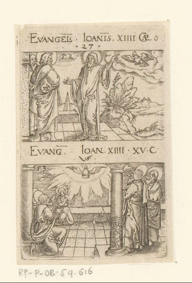 Christus in gesprek met zijn discipelen na het laatste avondmaal by Unknown, print, 1524-1562