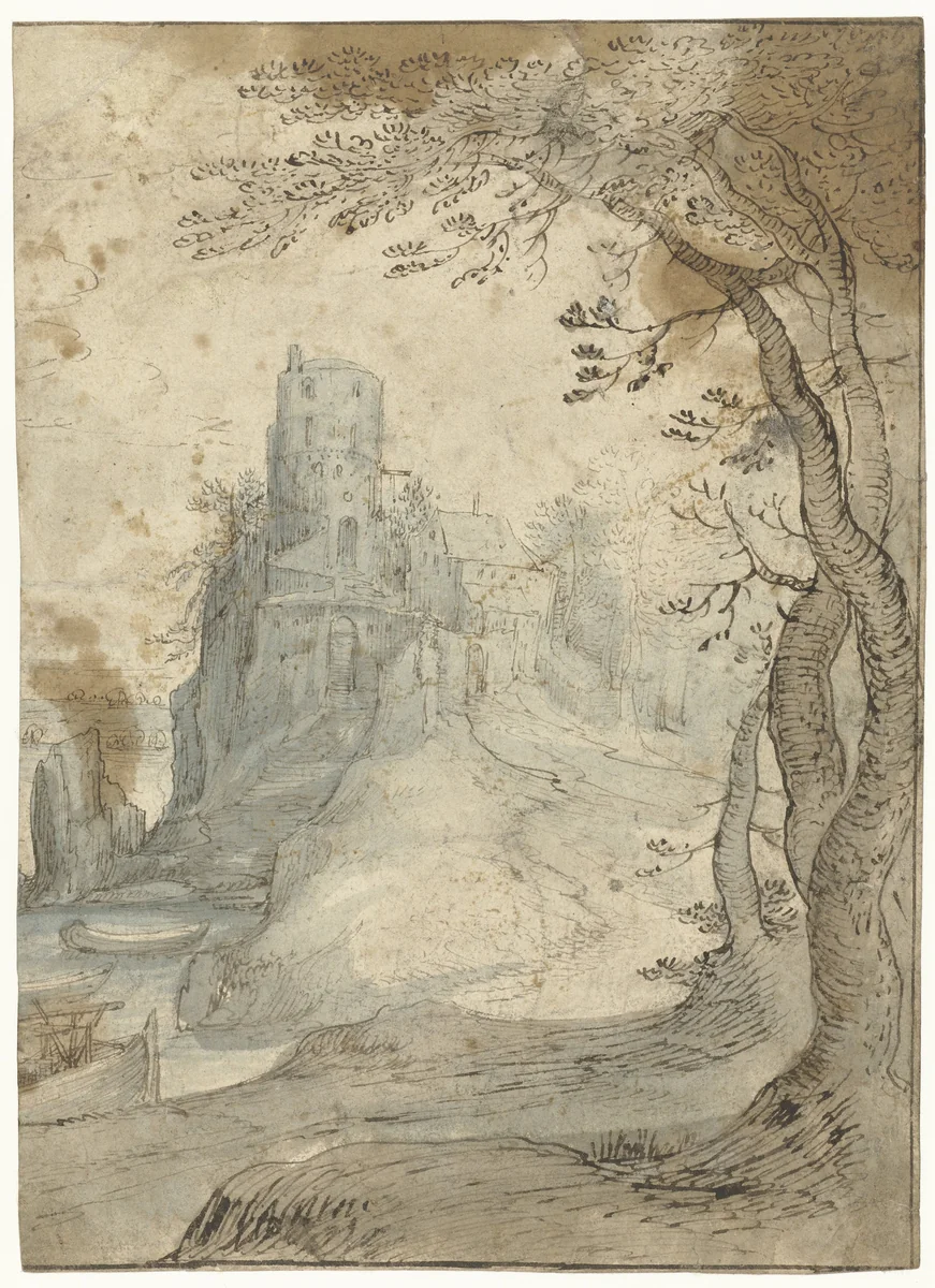 Landschap met een burcht op een rots by Unknown, drawing, 1564