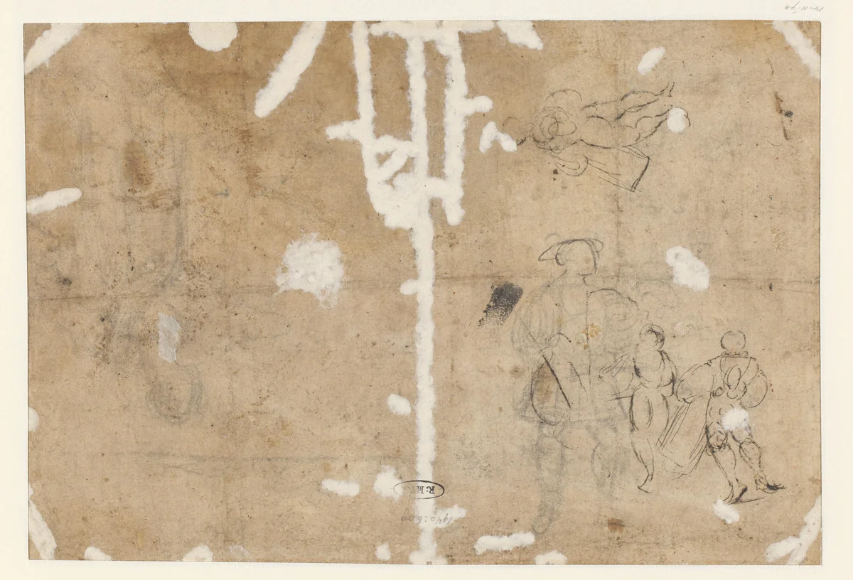 Schets van een edelman en drie tamboers by anonymous, drawing, 1500-1549