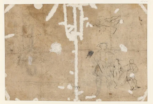 Schets van een edelman en drie tamboers by anonymous, drawing, 1500-1549