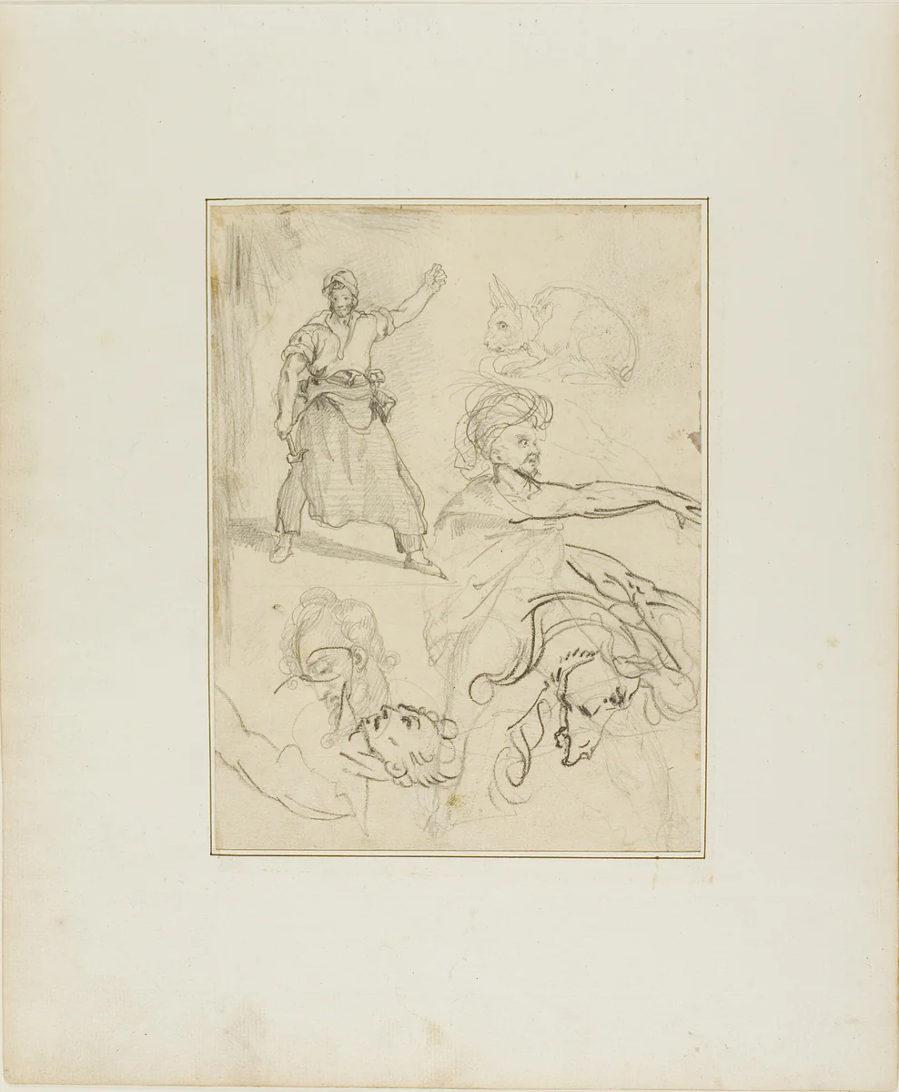 Studies of a Blacksmith and a Horse's Head with Sketches of Other Figures and a Rabbit by Jean Louis André Théodore Géricault, drawing, 1813-1814