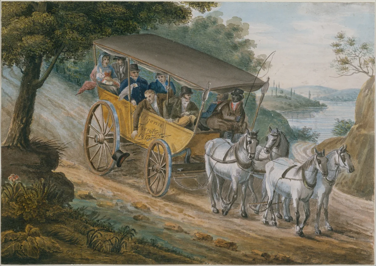 Travel by Stagecoach Near Trenton, New Jersey by Pavel Svinin, artwork, 1811-1816