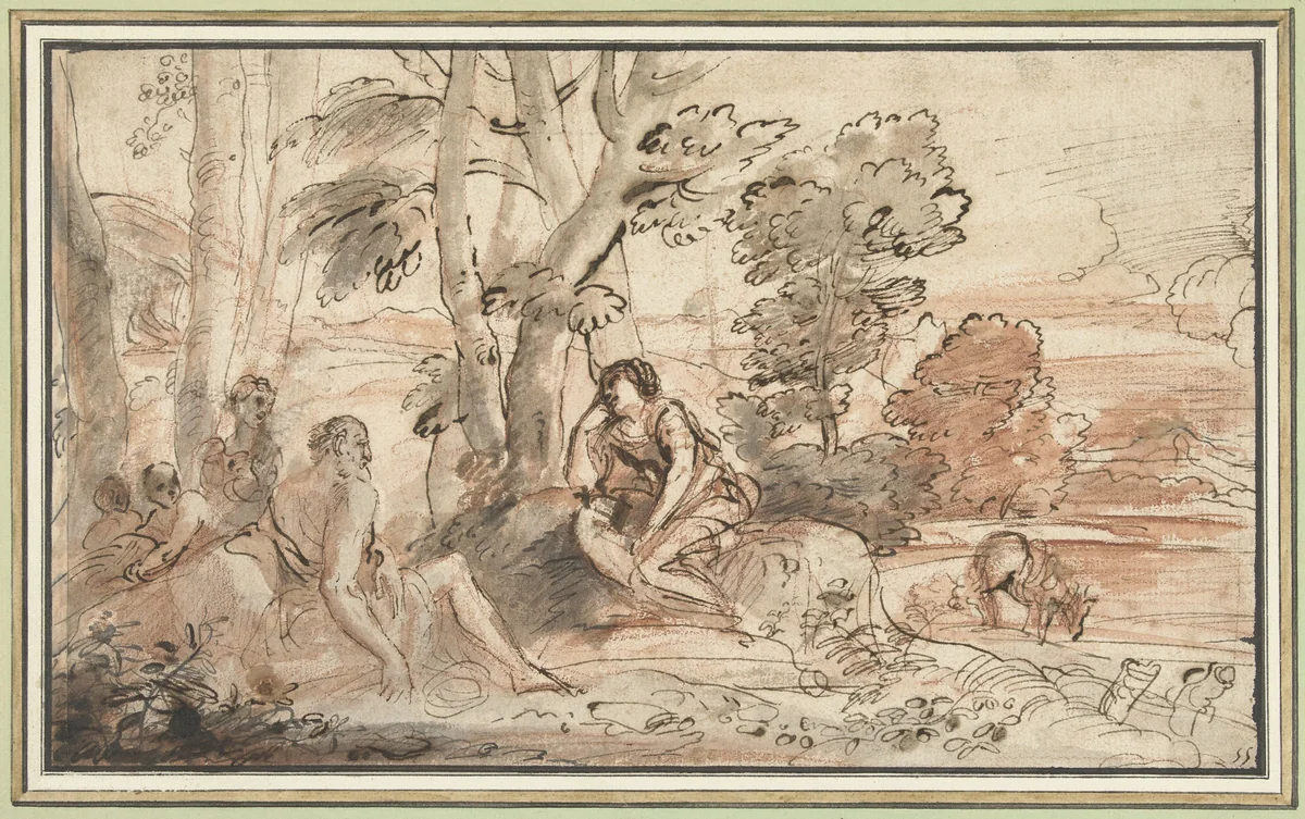 Ermina bij de herders by Pier Francesco Mola, drawing, 1622-1666