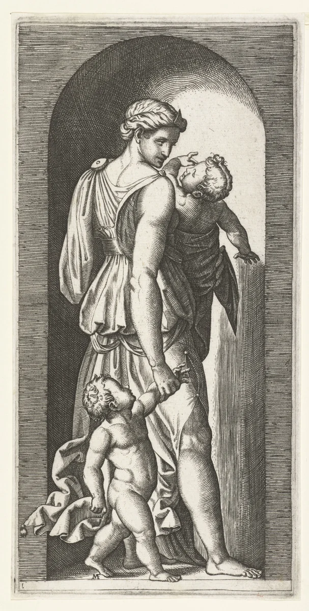 Vrouw als personificatie van Liefde (Caritas) met twee kinderen by Unknown, print, 1510-1527
