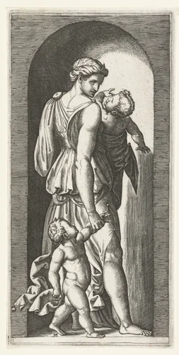 Vrouw als personificatie van Liefde (Caritas) met twee kinderen by Unknown, print, 1510-1527