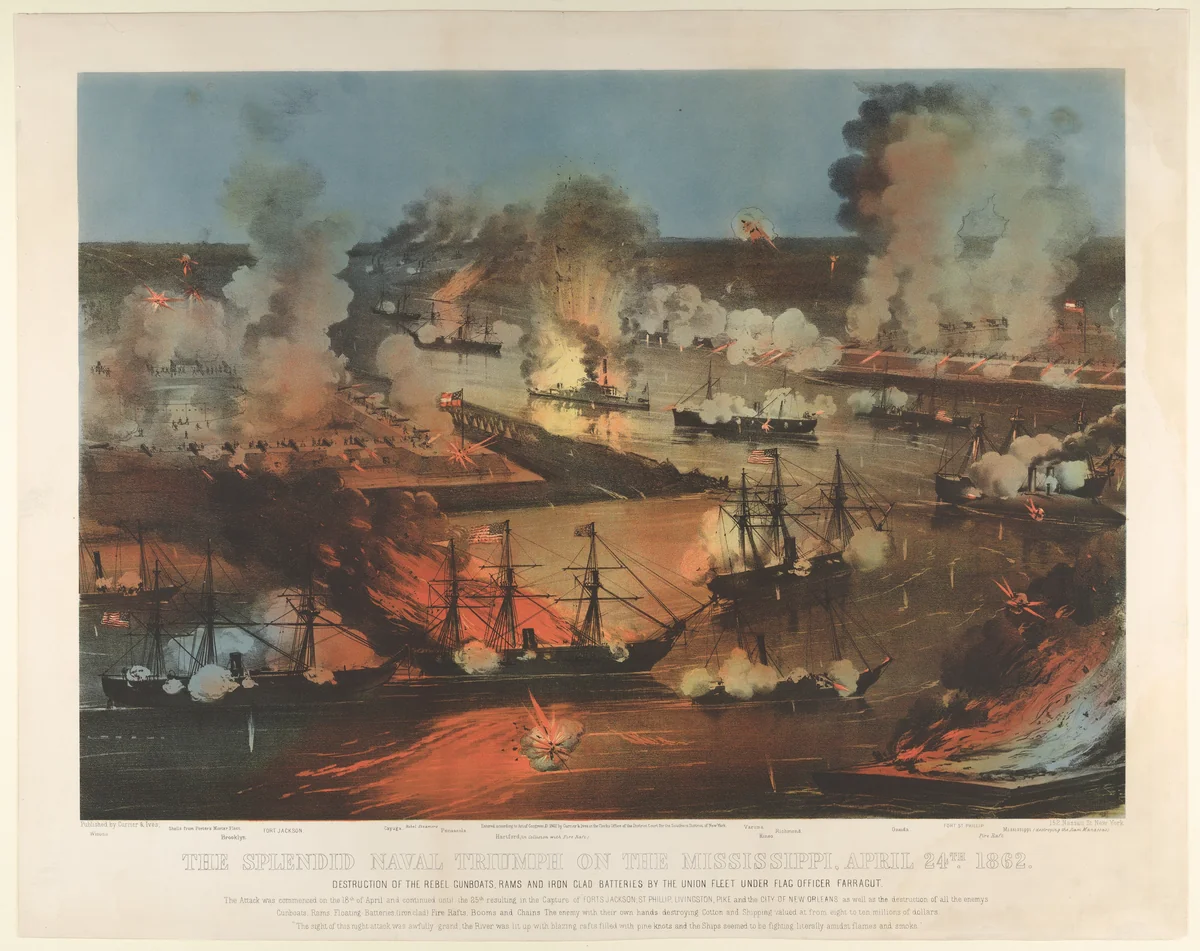 The Splendid Naval Triumph on the Mississippi, April 24th, 1862: Destruction of the Rebel Gunboats, Rams, and Iron Clad Batteries by the Union Fleet under Flag Officer Farragut by Currier & Ives, print, 1862