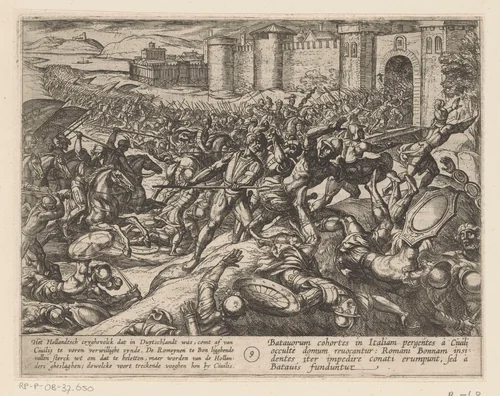 De Romeinen worden verslagen door de Nederlandse troepen te Bonn by Antonio Tempesta, print, 1611-1612