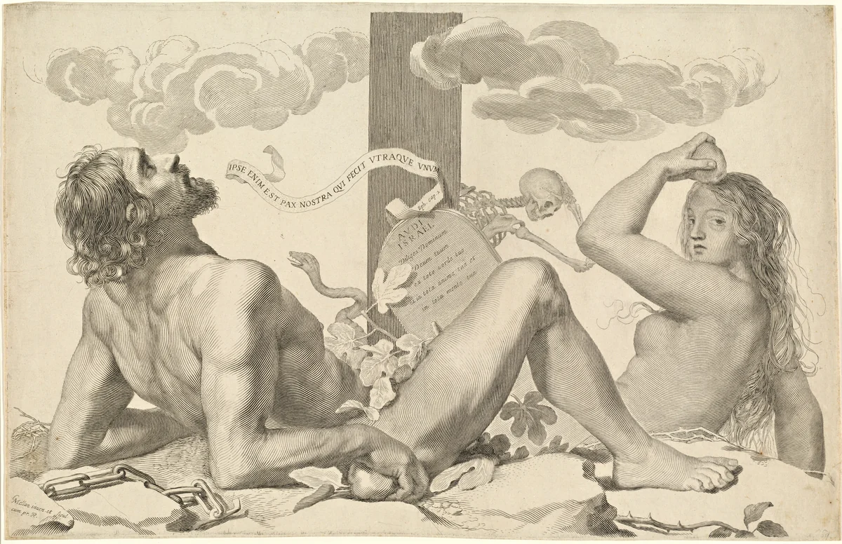 Adam and Eve at the Foot of the Cross by Claude Mellan, print, 1647
