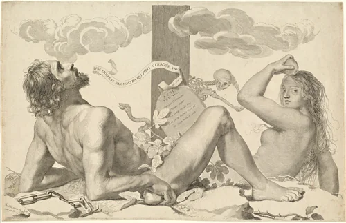 Adam and Eve at the Foot of the Cross by Claude Mellan, print, 1647