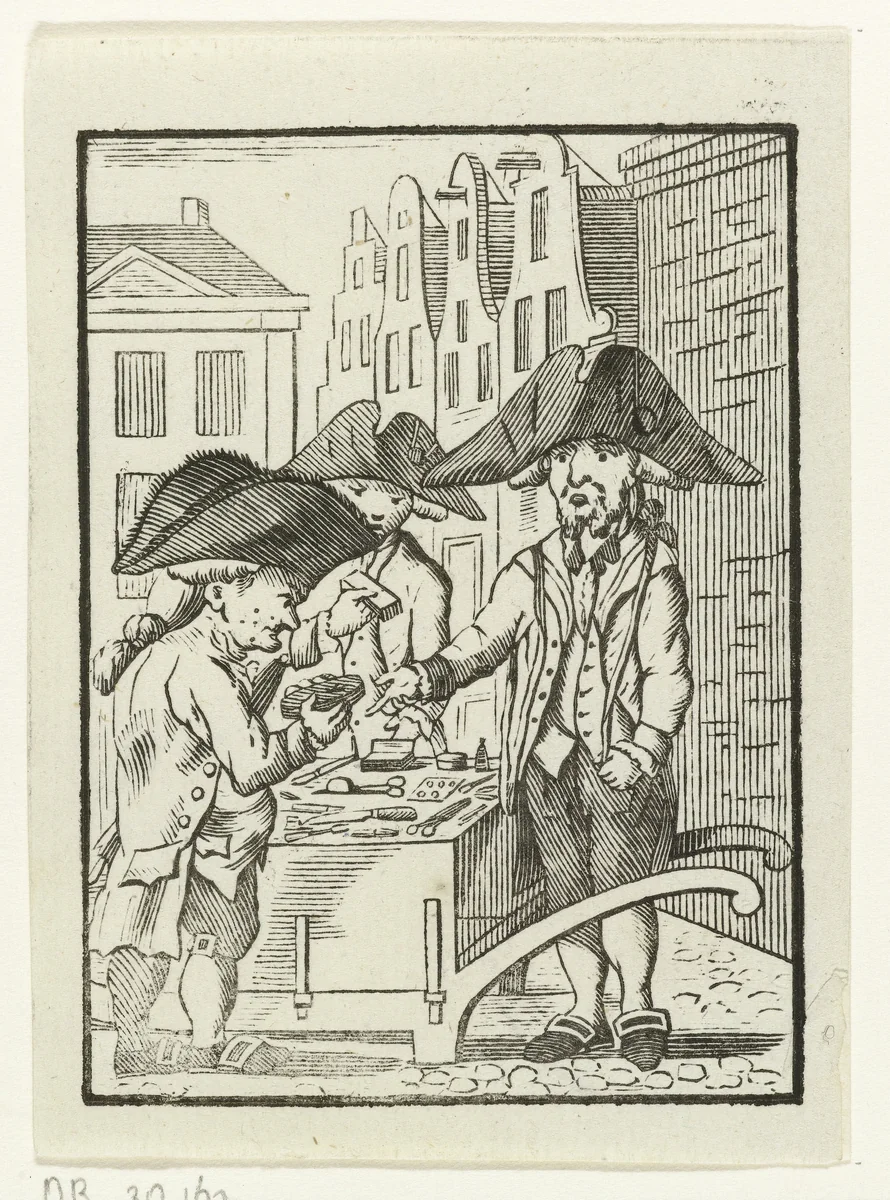 Straatverkoper Nathan van Neurenberg achter een handkar met twee klanten by Hendrik Numan, print, 1746-1788