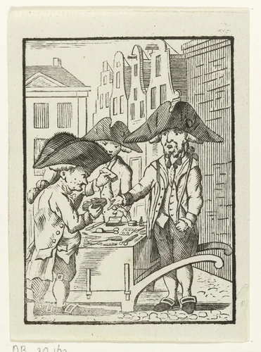 Straatverkoper Nathan van Neurenberg achter een handkar met twee klanten by Hendrik Numan, print, 1746-1788