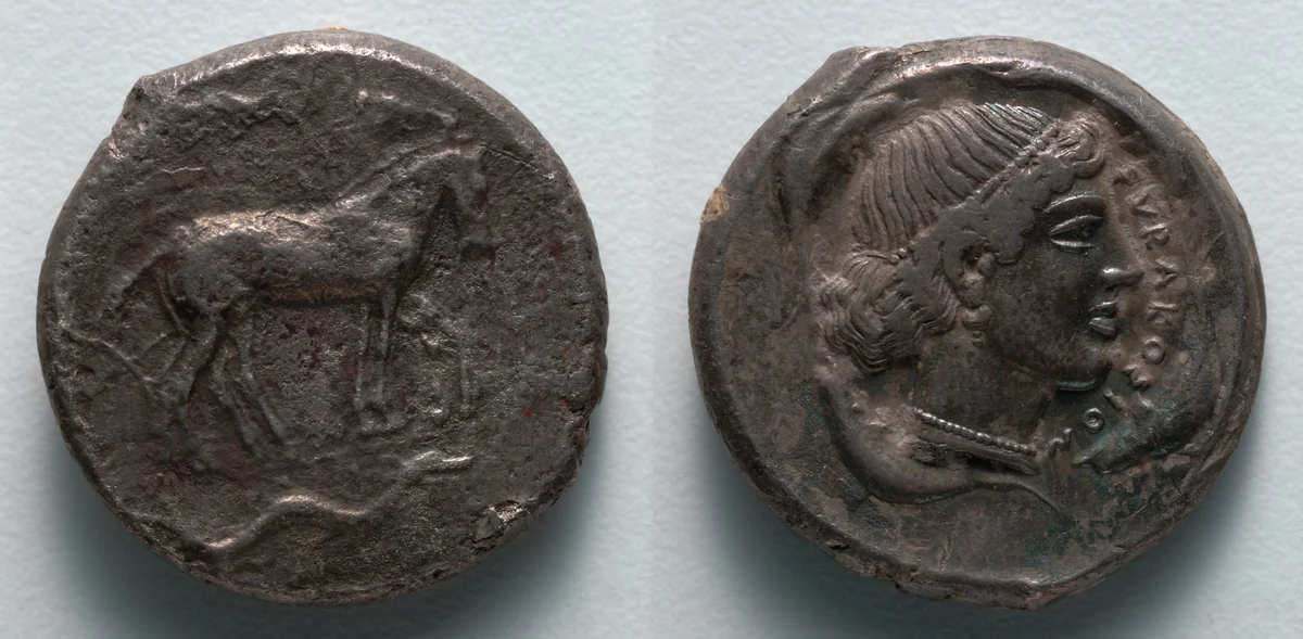 Tetradrachm: Quadriga (obverse); Head of Arethousa (reverse) by Unknown, metalwork, -472--435