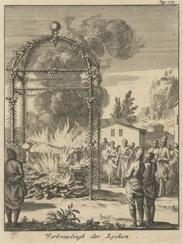 Ceremoniële crematie te Ceylon by Jan Luyken, print, 1692