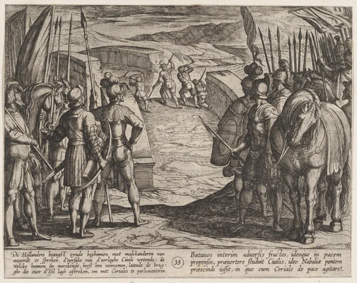 Plate 35: The Batavians Become Afraid and Begin Peace Talks, from The War of the Romans Against the Batavians (Romanorvm et Batavorvm Societas) by Antonio Tempesta, print, 1611-1612