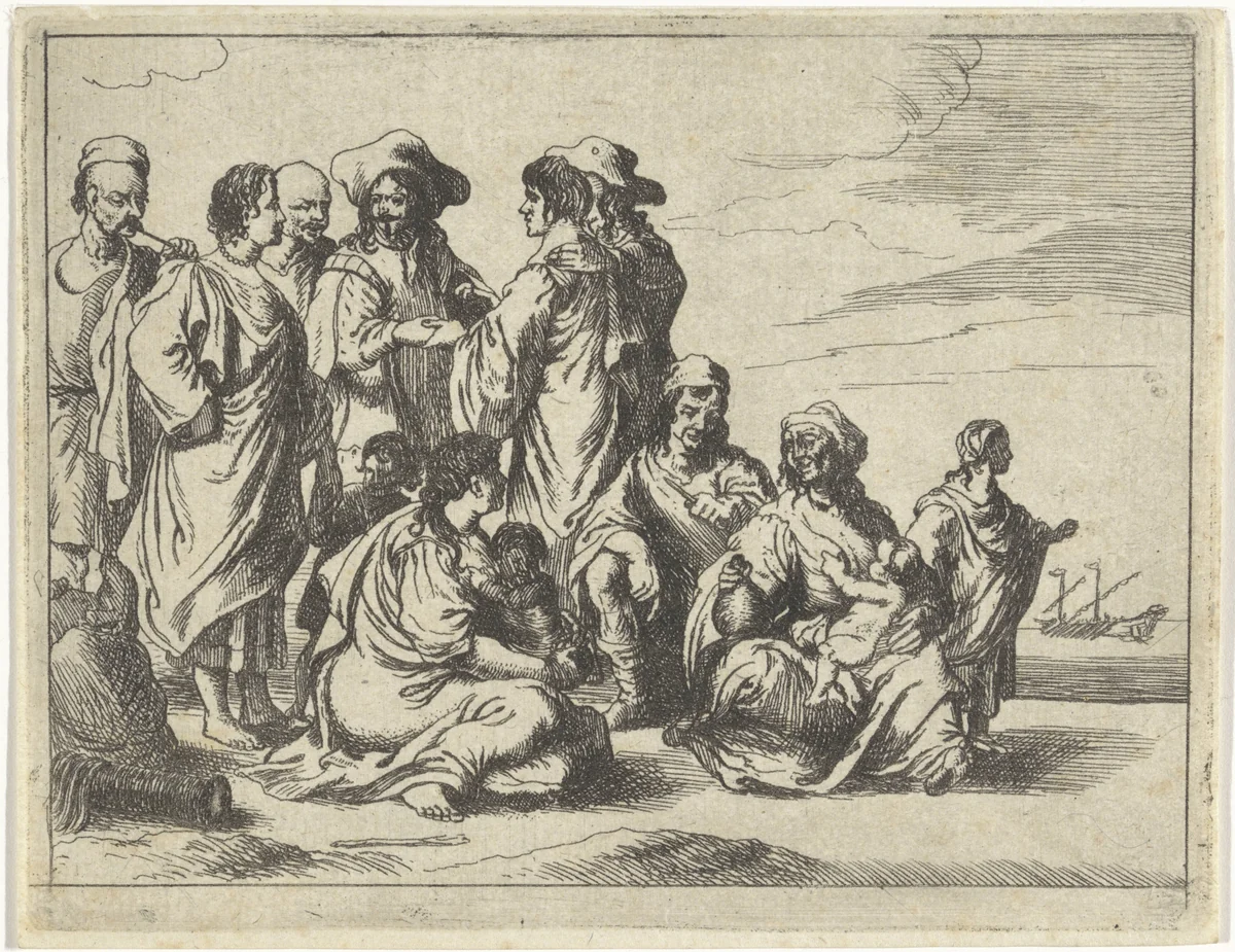Mannen, vrouwen en kinderen op het strand by M. Schaep, print, 1649