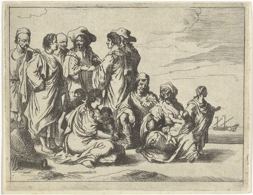 Mannen, vrouwen en kinderen op het strand by M. Schaep, print, 1649