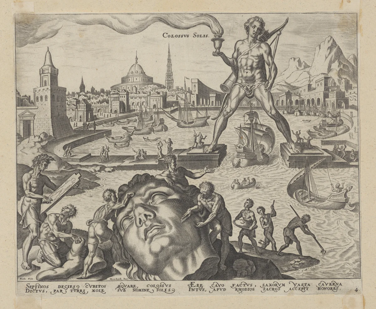 The Colossus of Rhodes, plate 4 from "The Eight Wonders of the World" by Philips Galle, print, 1572