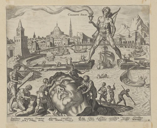 The Colossus of Rhodes, plate 4 from "The Eight Wonders of the World" by Philips Galle, print, 1572