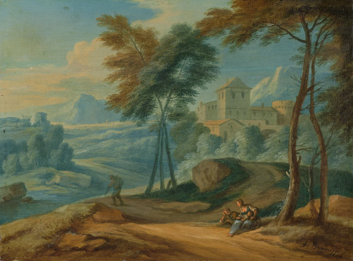 Wooded Italianate Landscape with Figures by François Boudewyns, painting, 1750