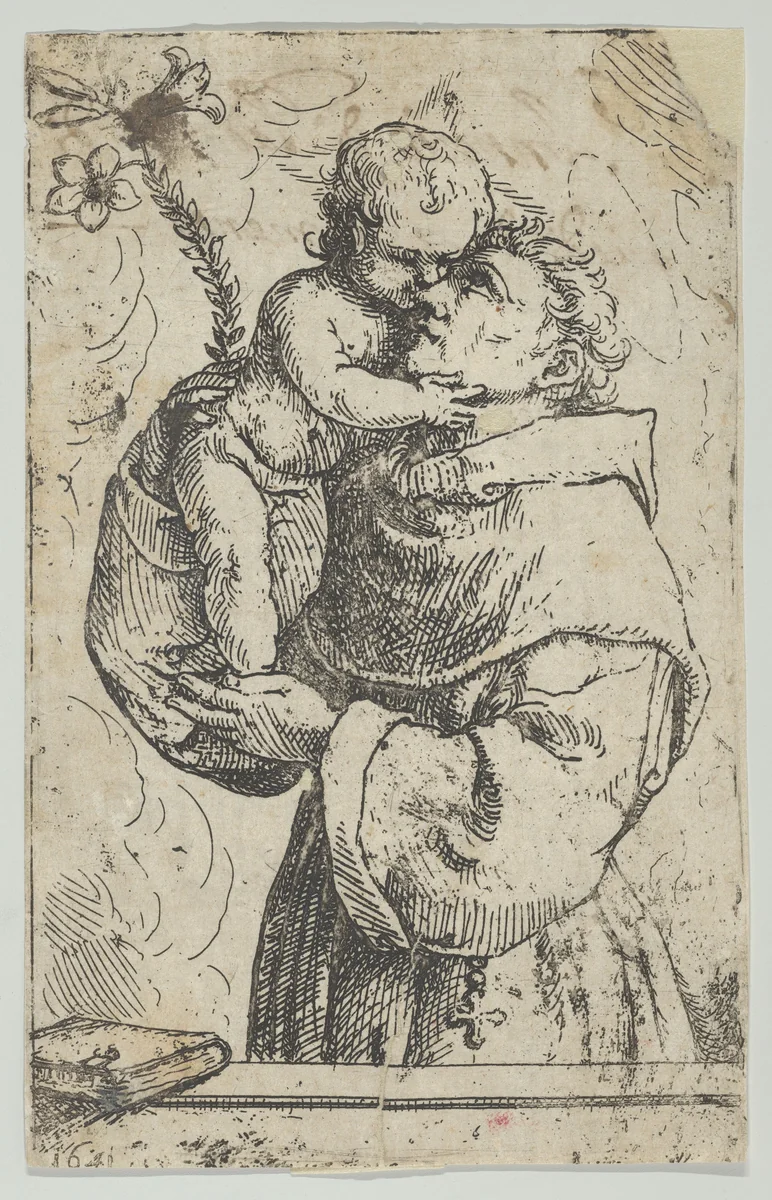 St Antony of Padua embracing the Christ Child by anonymous, print, 1641
