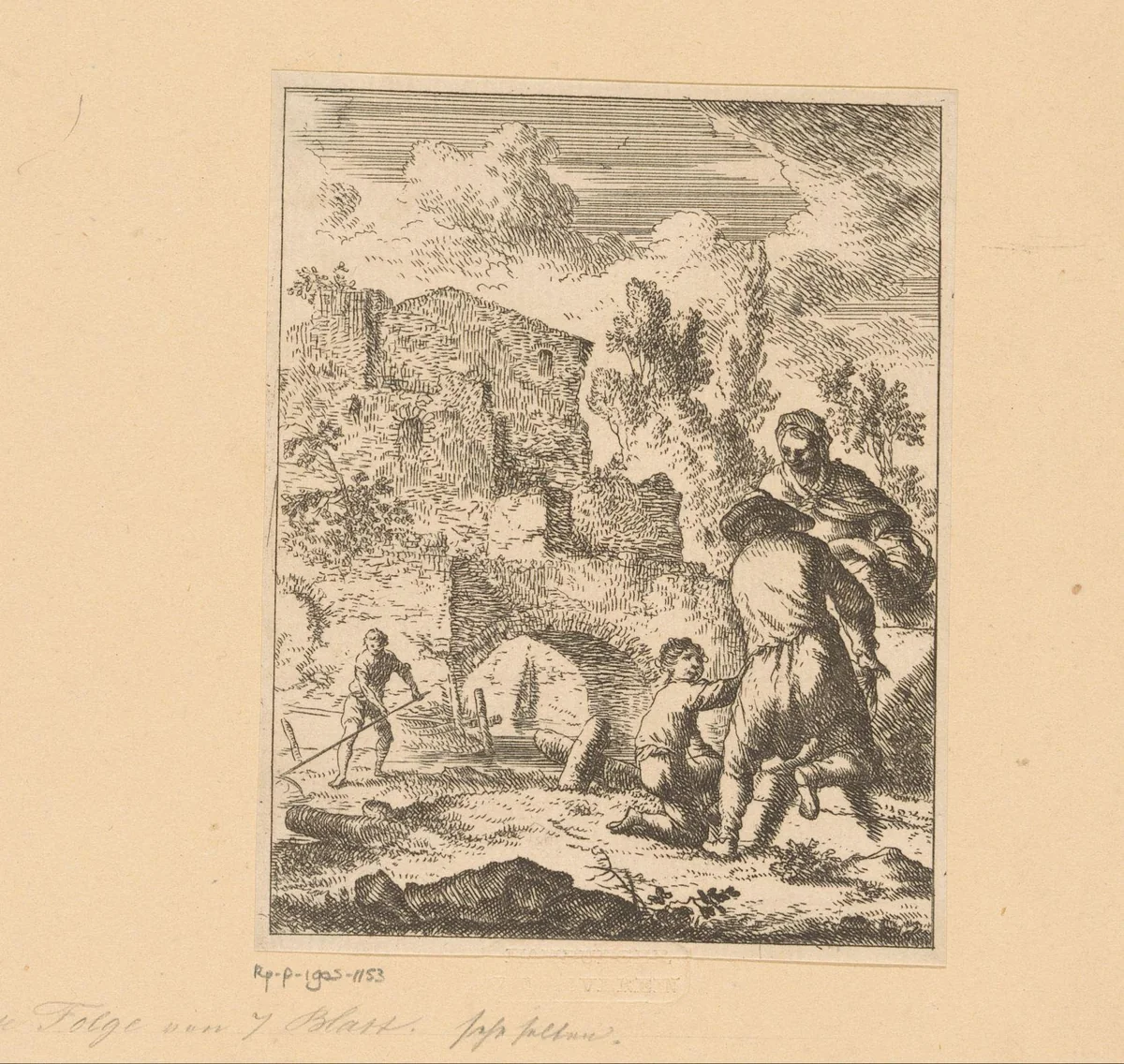 Boeren bewerken het land naast de ruïnes by Franz de Paula Ferg, print, 1699-1740