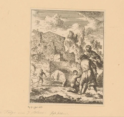 Boeren bewerken het land naast de ruïnes by Franz de Paula Ferg, print, 1699-1740