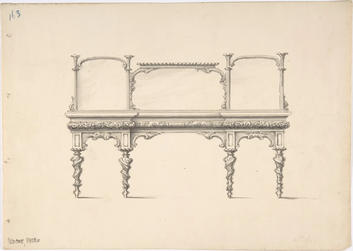 Design for a Sideboard with Mirrors and Turned Legs by anonymous, drawing, 1815-1840