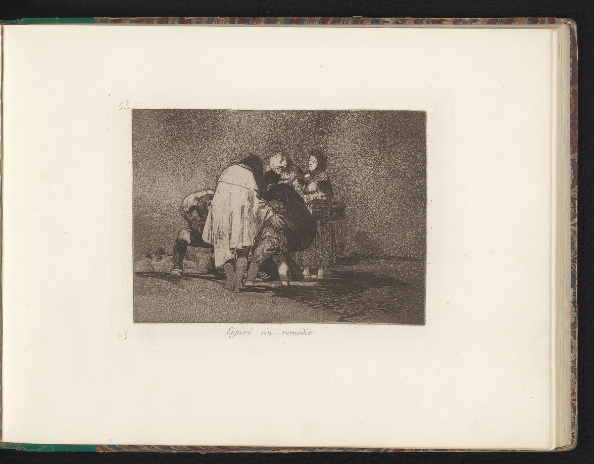Groep rouwende personen rond een lichaam by Francisco de Goya, book, 1810-1820