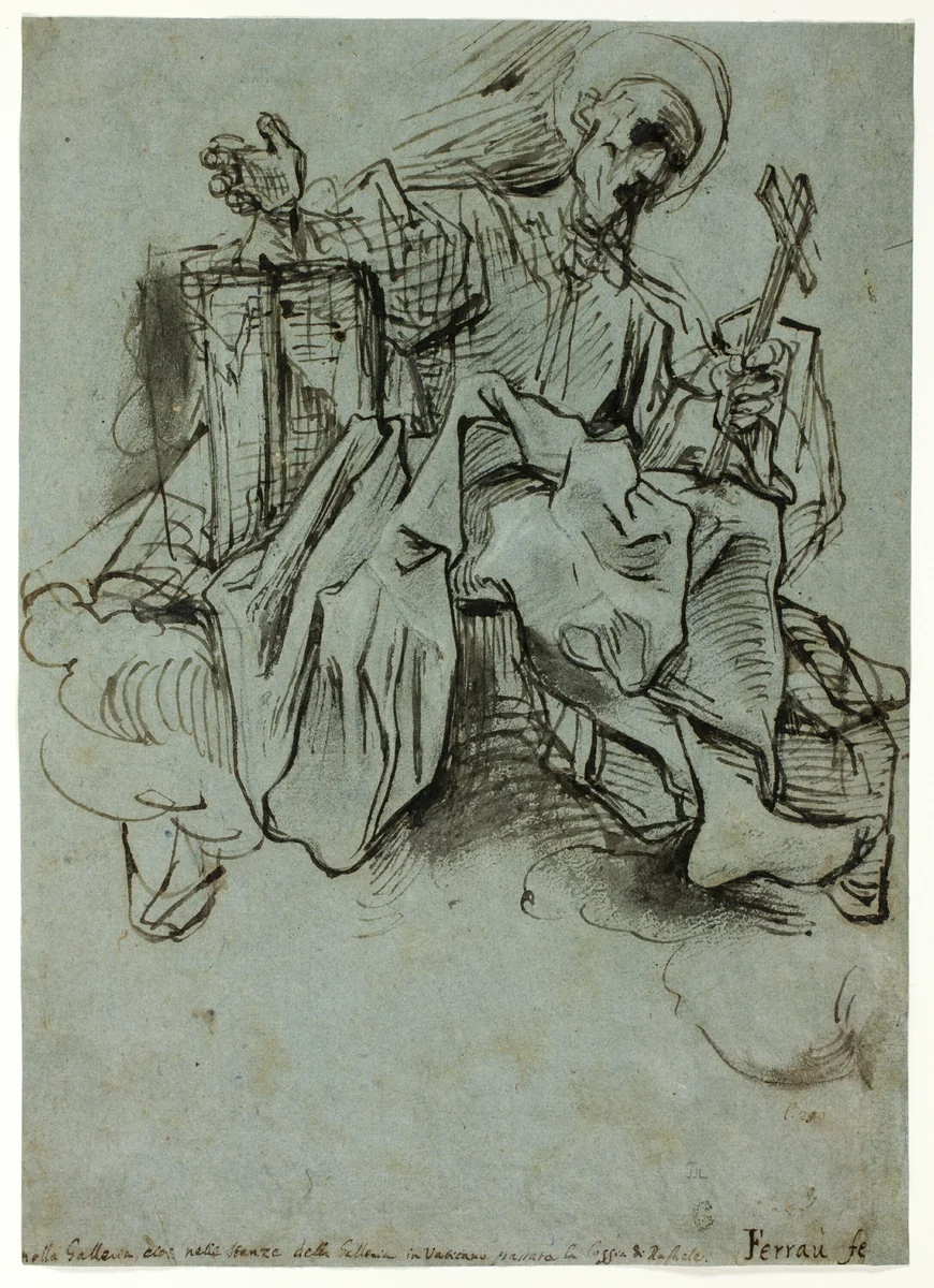 Saint with Book and Cross Seated on a Cloud by Ferraù Fenzoni, drawing, 1589-1593