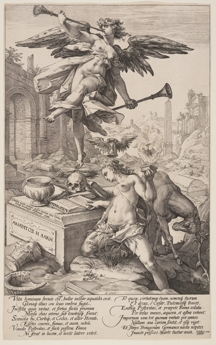 Allegory of Fame and History, from The Roman Heroes by Hendrick Goltzius, print, 1586