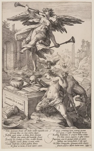 Allegory of Fame and History, from The Roman Heroes by Hendrick Goltzius, print, 1586