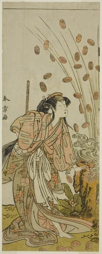 The Actor Segawa Kikunojo III as Hito-maru Disguised as the Courtesan Chiyozaki, in the Play Kuruwa no Hana Katsuragi no Kane, Performed at the Ichimura Theater in the third Month, 1775 by Katsukawa Shunsho (勝川 春章), print, 1770-1780