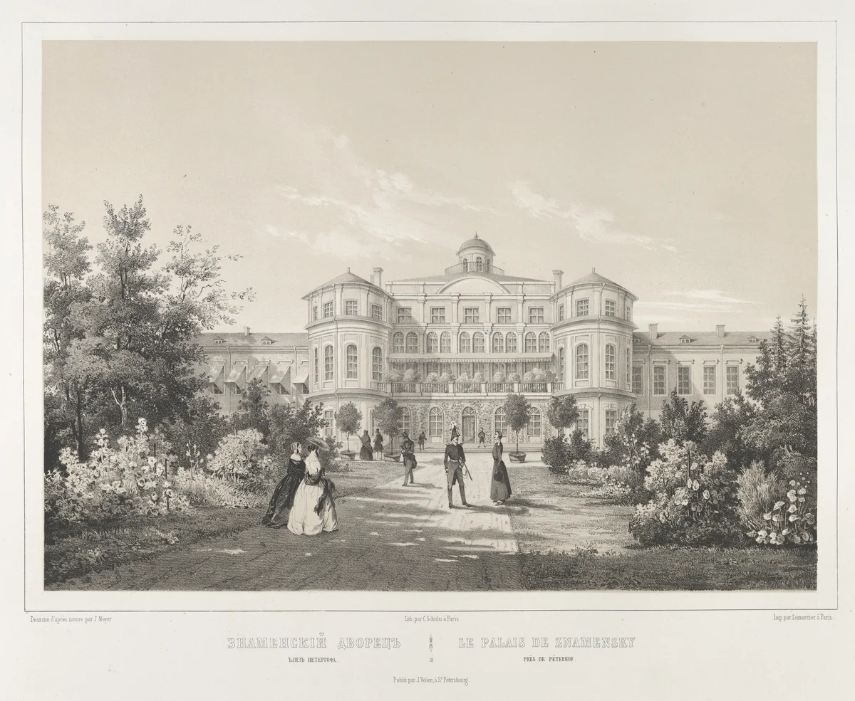 Le Palais de Znamensky près de Peterhof, from "Vues pittoresques des palais & jardins impériaux aux environs de St. Petersbourg" by J. Meyer, print, 1845-1855