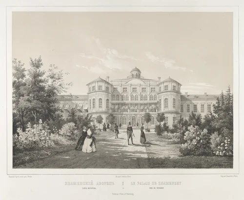 Le Palais de Znamensky près de Peterhof, from "Vues pittoresques des palais & jardins impériaux aux environs de St. Petersbourg" by J. Meyer, print, 1845-1855