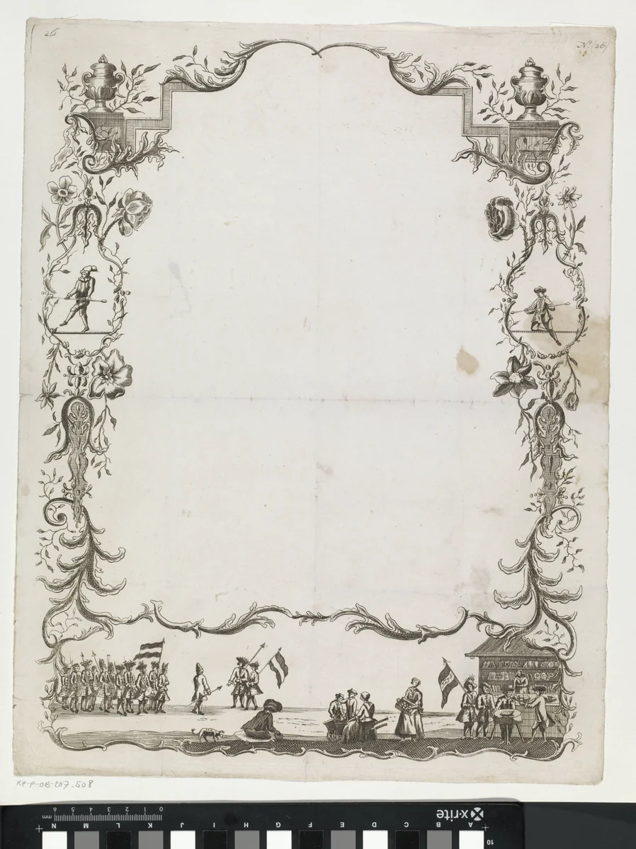 Wensbrief met koorddansers en de schutterij by anonymous, print, 1700-1899