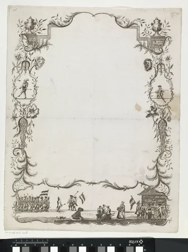 Wensbrief met koorddansers en de schutterij by anonymous, print, 1700-1899