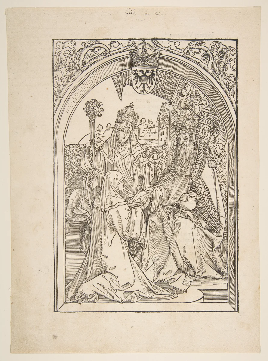Rosvitha Presenting the Comedies to the Emperor Otto I, from the opera "Hrosvita" by Albrecht Dürer, print, 1501